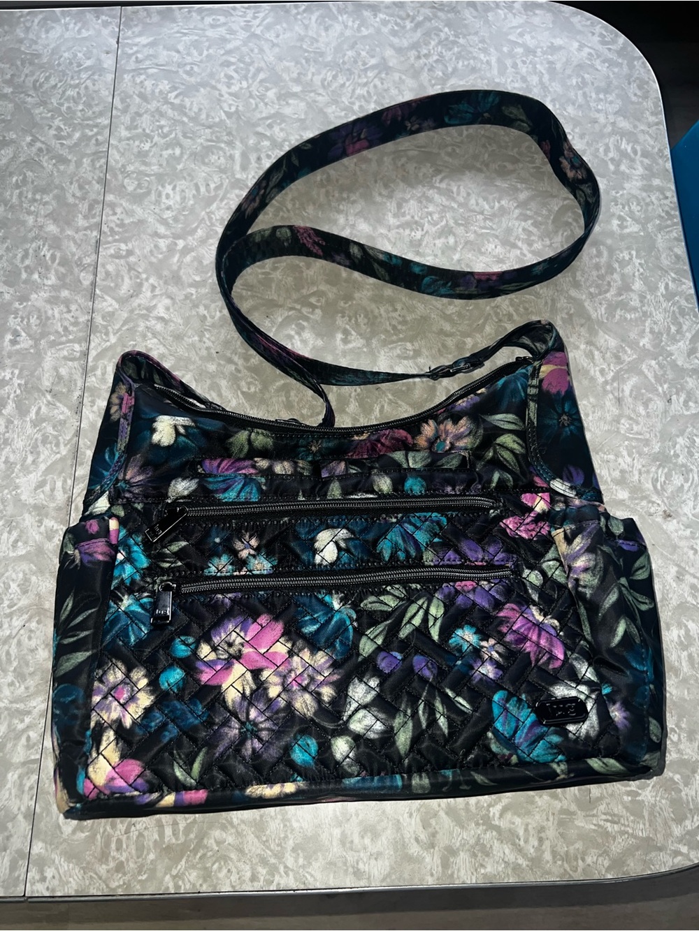 lug Quilted Floral Crossbody - Black with Teal, Purple & Pink